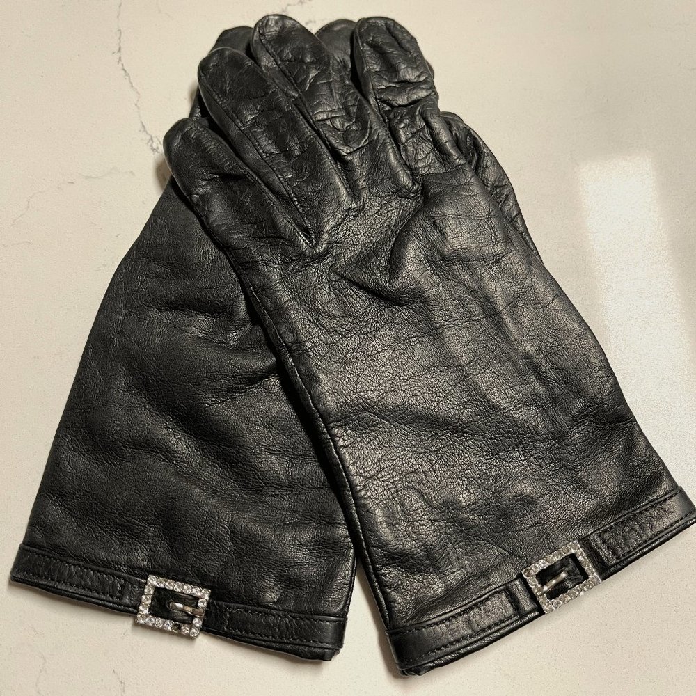 Women's Silk Lined Italian Black Leather Gloves with Ringstones Size 7.5